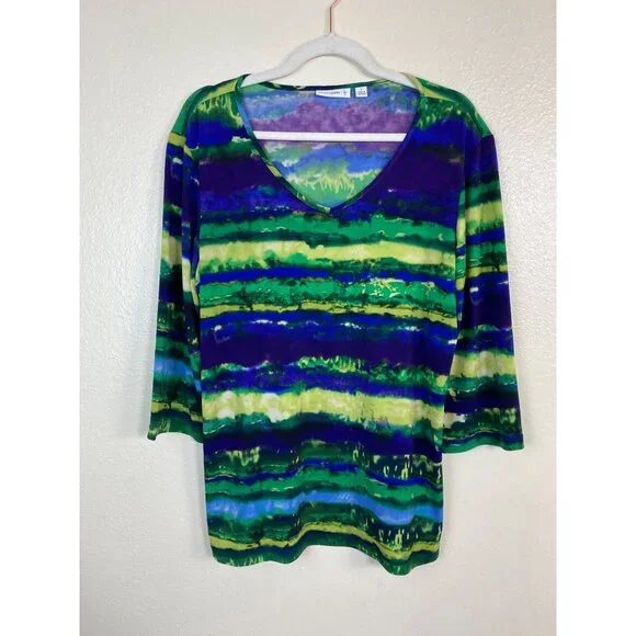 Susan Graver Women Top size Large Liquid knit V-Neck Watercolor 3/4 Sleeve Artsy - Picture 10 of 12
